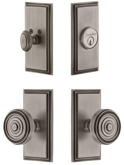 Grandeur Carre Entry Door Set, Keyed Alike with Soleil Knobs in Antique Pewter.